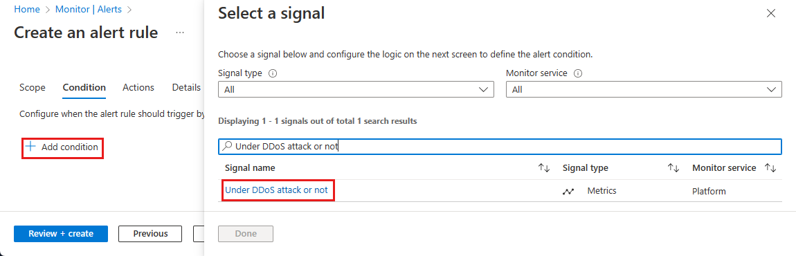 Screenshot of adding DDoS Protection attack alert condition.