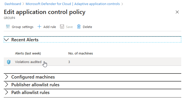 Screenshot showing selecting a group the group settings page for adaptive application controls.