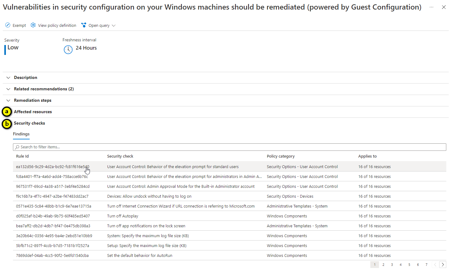 Recommendation details page for the Windows recommendation about vulnerabilities in the baseline configuration of Windows machines.