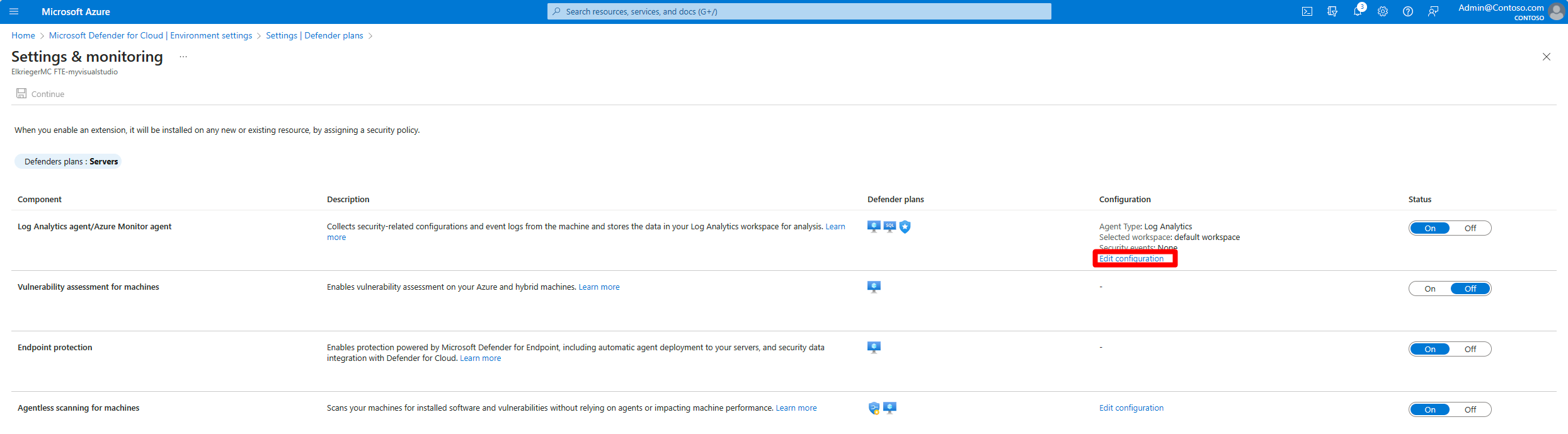 Screenshot showing where to select edit configuration for Log Analytics agent/Azure Monitor Agent.