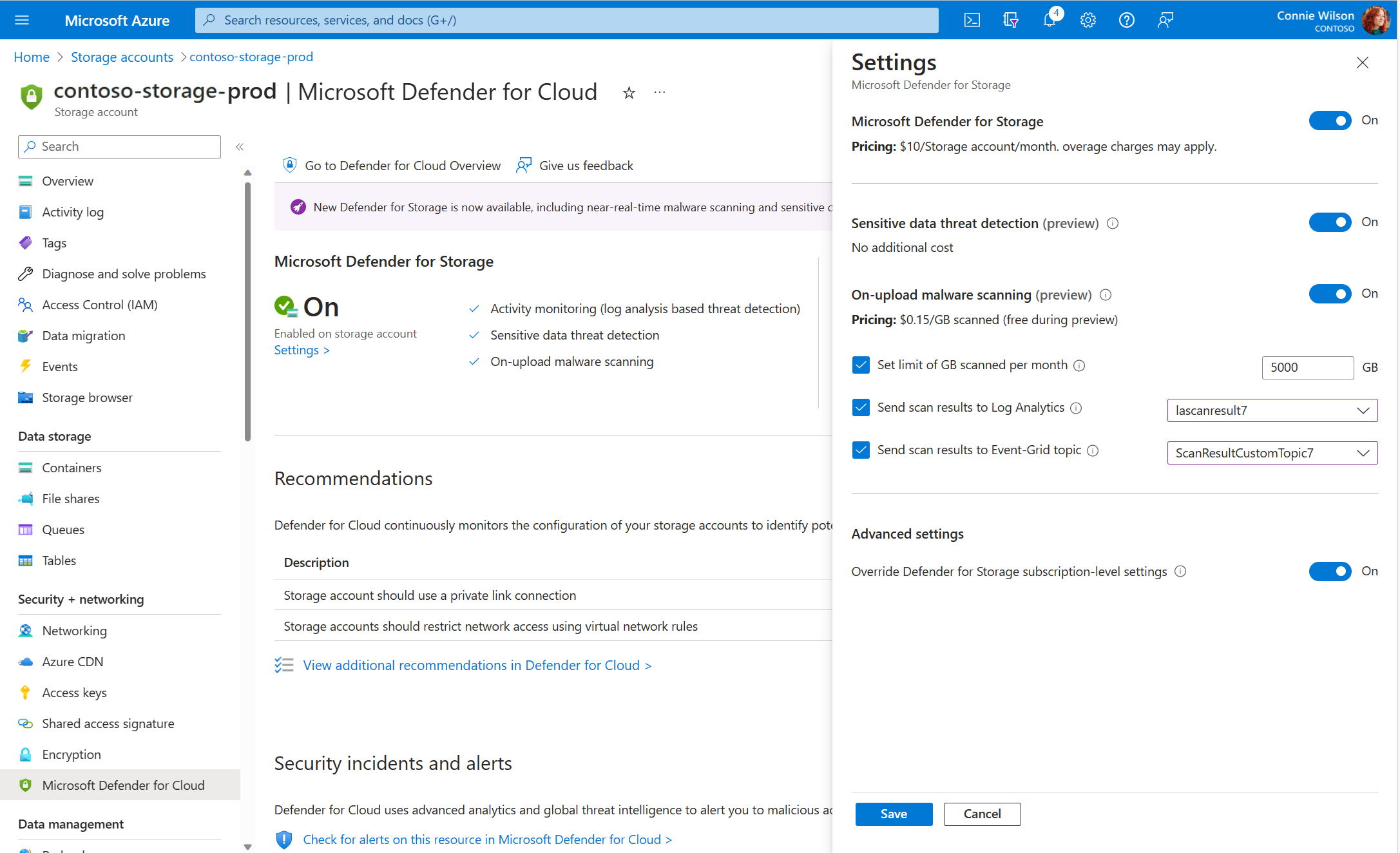 Screenshot showing where to turn off Defender for Storage in the Azure portal.