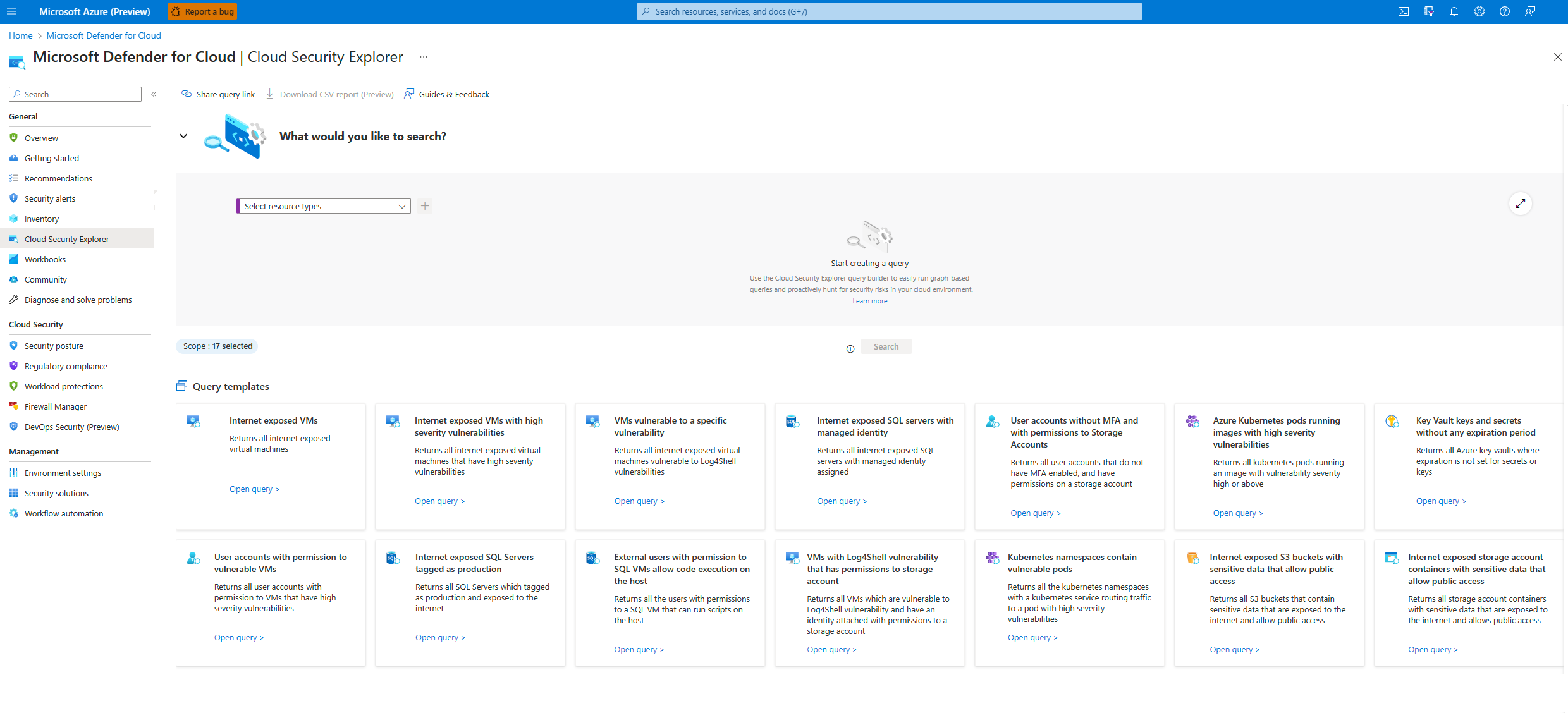 Screenshot of the cloud security explorer page.