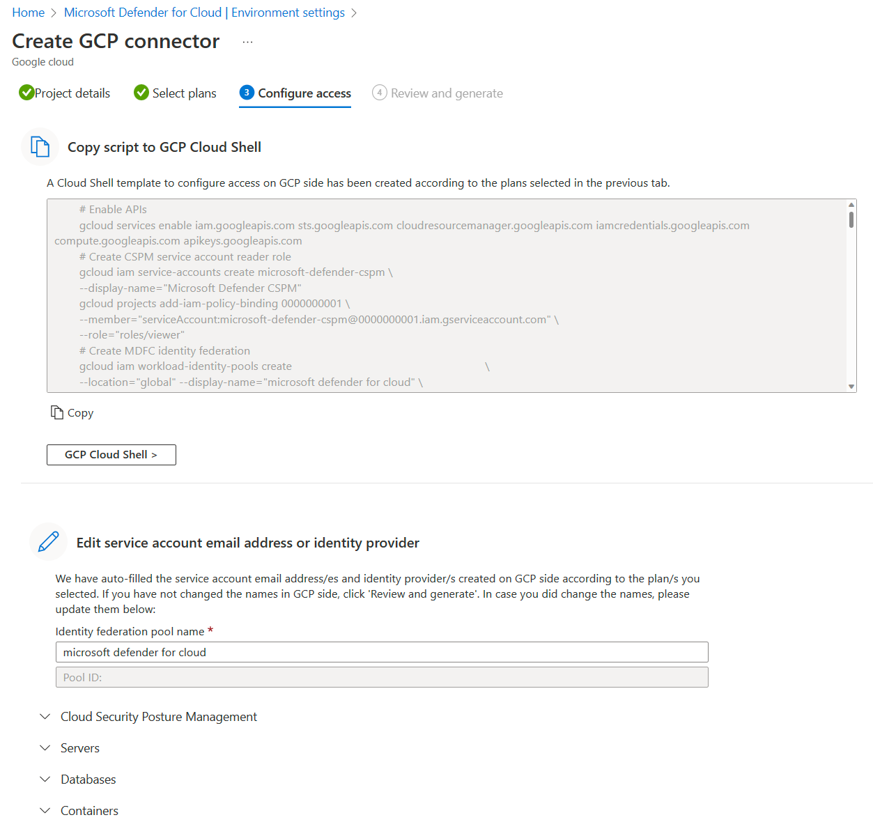 Screenshot of the configure access screen between Defender for Cloud and your GCP project.