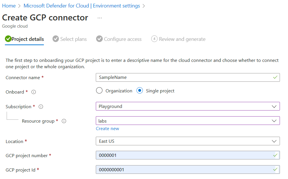 Screenshot of the organization details page of the GCP project onboarding process.