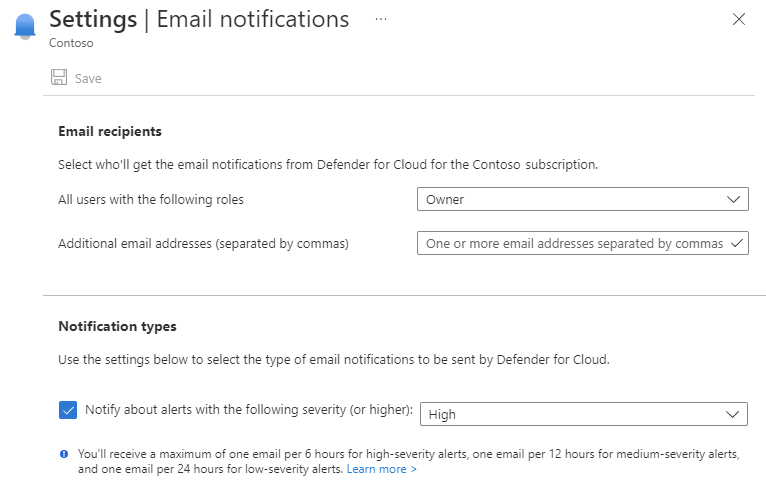 Configuring the details of the contact who will receive emails about security alerts.