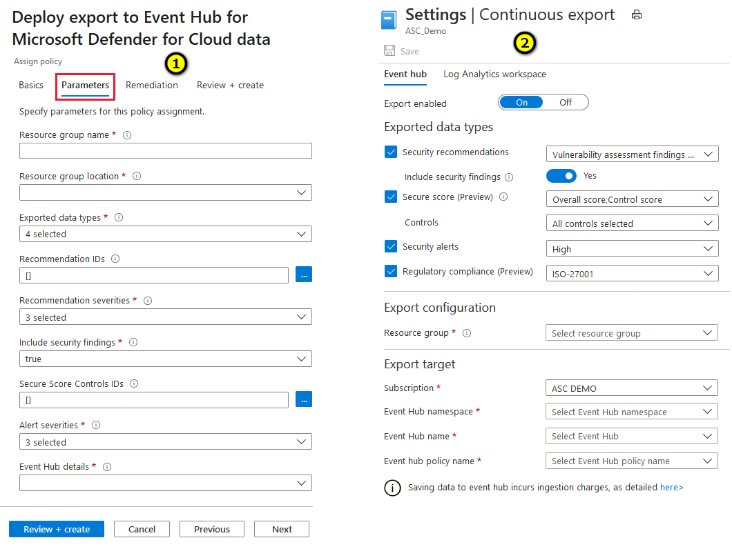 Screenshot that shows comparing the parameters in continuous export with Azure Policy.
