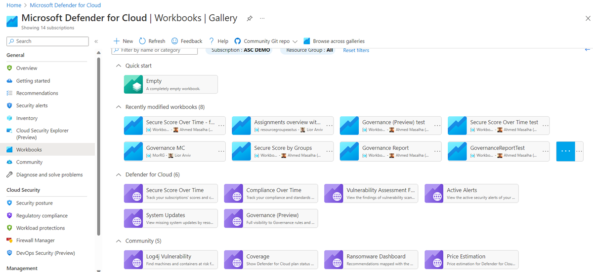 Screenshot showing the gallery of built-in workbooks in Microsoft Defender for Cloud.
