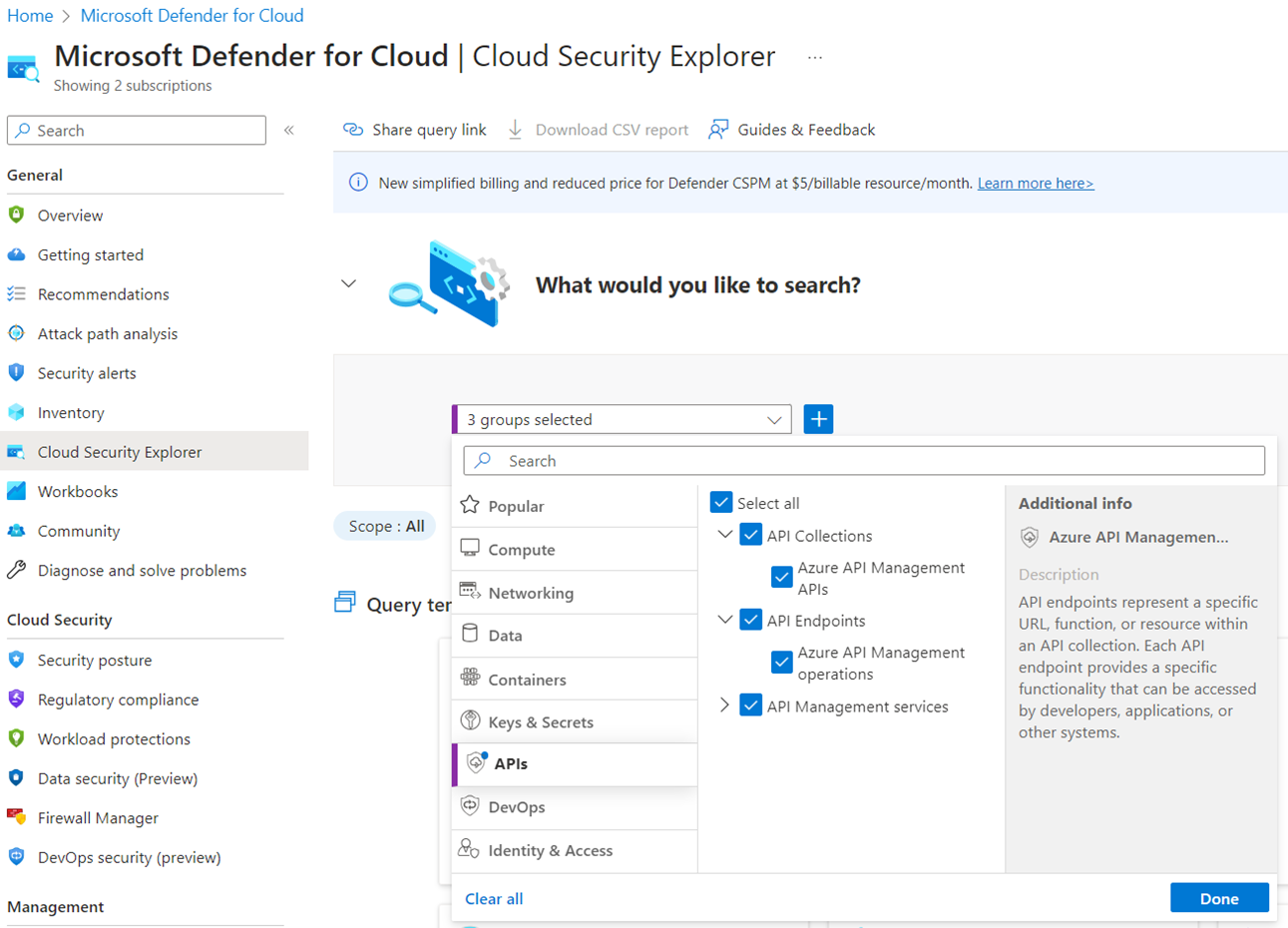 Screenshot of Defender for Cloud's cloud security explorer that shows how to select APIs.