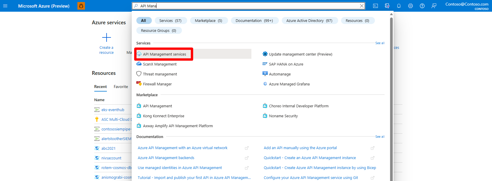 Screenshot that shows you where on the Azure portal to search for and select API Management service.