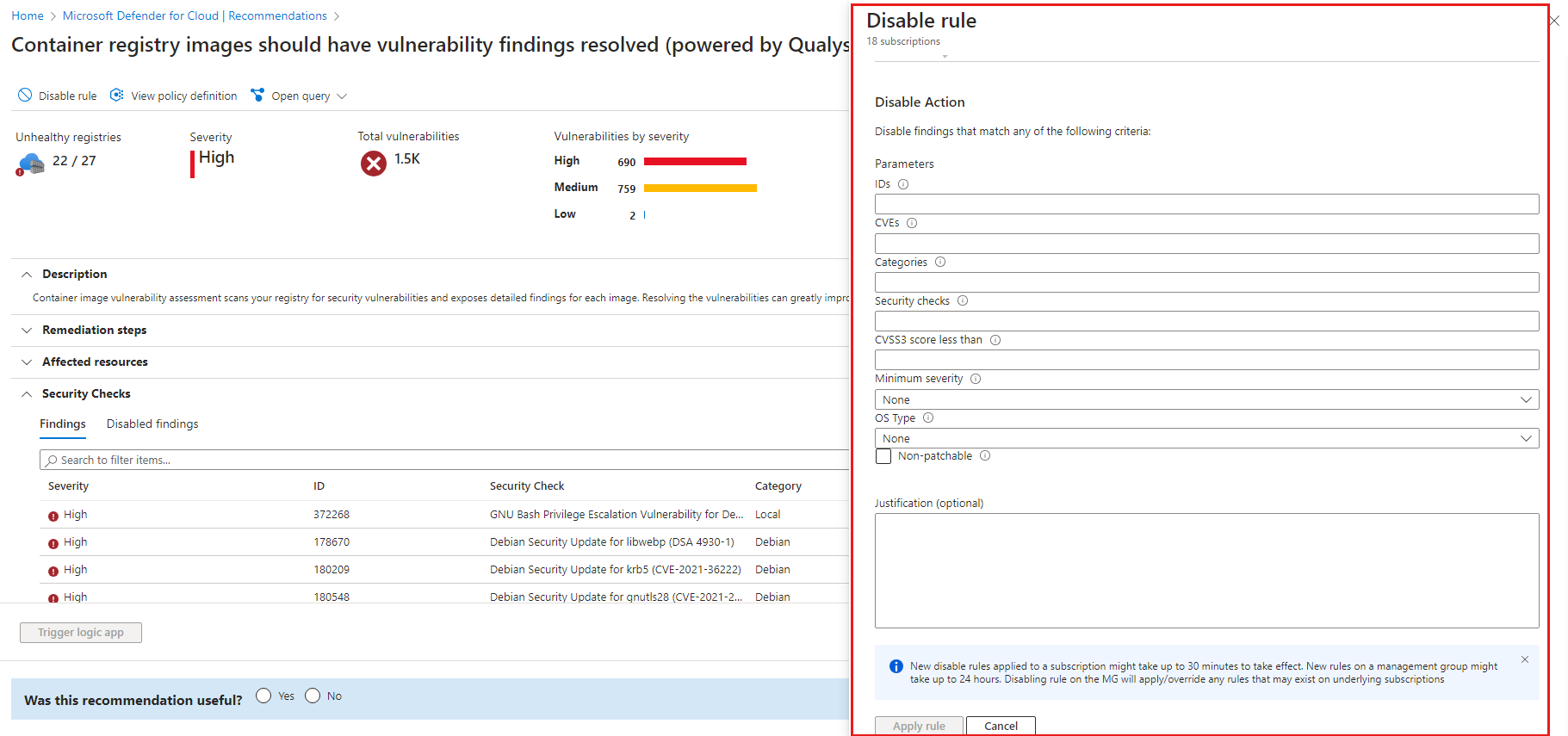Screenshot showing how to create a disable rule for VA findings on registry.