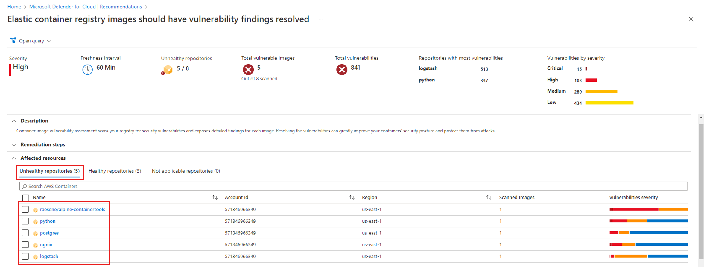 Screenshot of ECR repositories that have vulnerabilities.