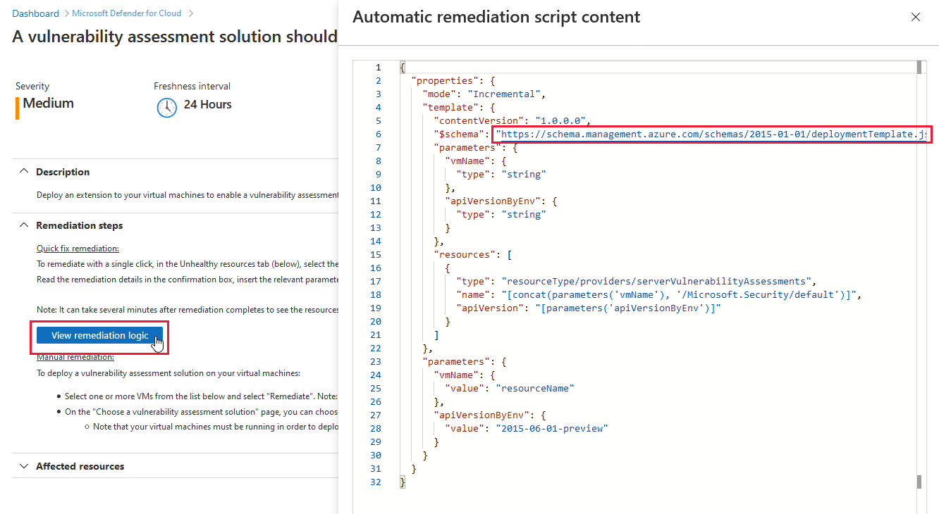 The remediation script includes the relevant ARM template you can use for your automation.