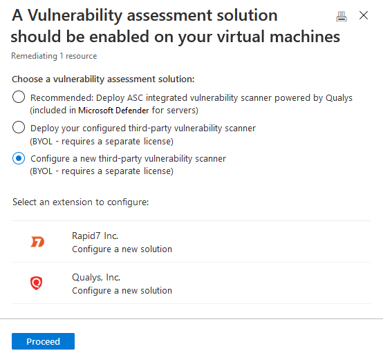The options for which type of remediation flow you want to choose when responding to the recommendation **A vulnerability assessment solution should be enabled on your virtual machines** recommendation page