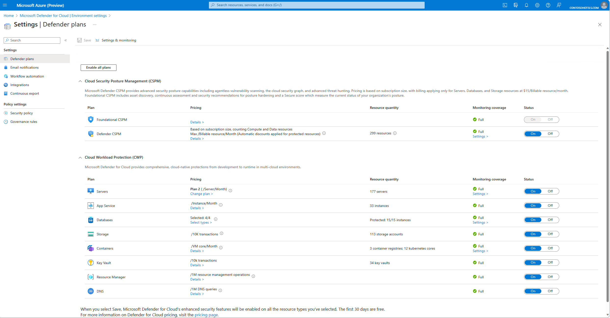 Screenshot of monitoring coverage of Microsoft Defender for Cloud extensions.