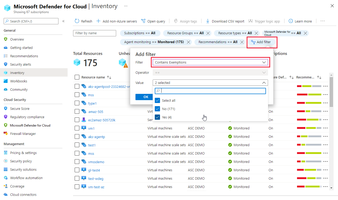 Defender for Cloud's asset inventory page and the filter to find resources with exemptions.