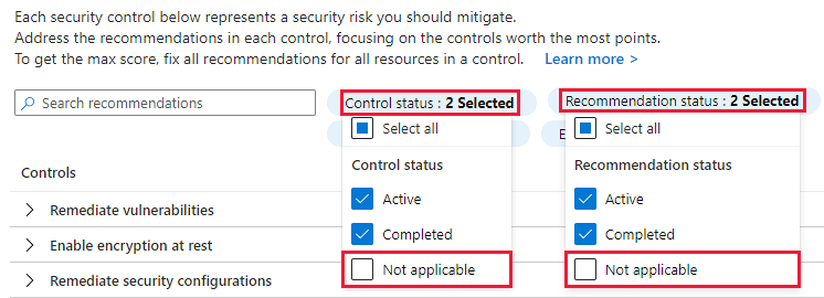 Default filters on Microsoft Defender for Cloud's recommendations page hide the not applicable recommendations and security controls.