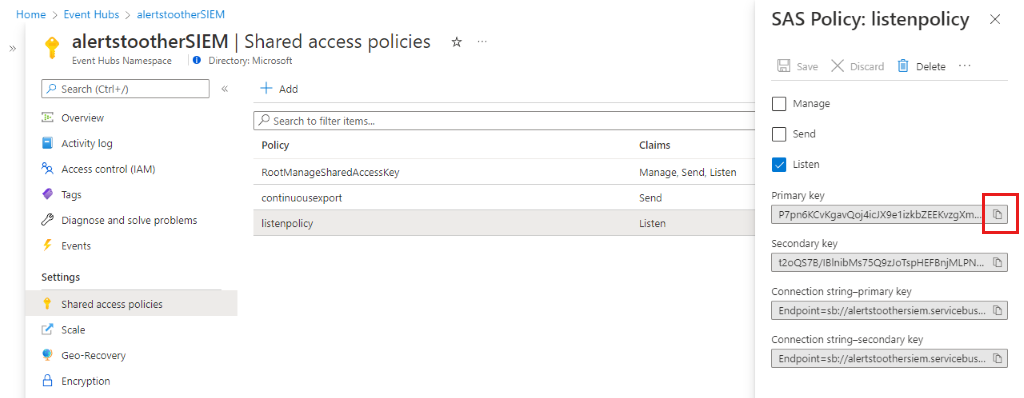 Screenshot of creating a listen policy in Microsoft Event Hubs.
