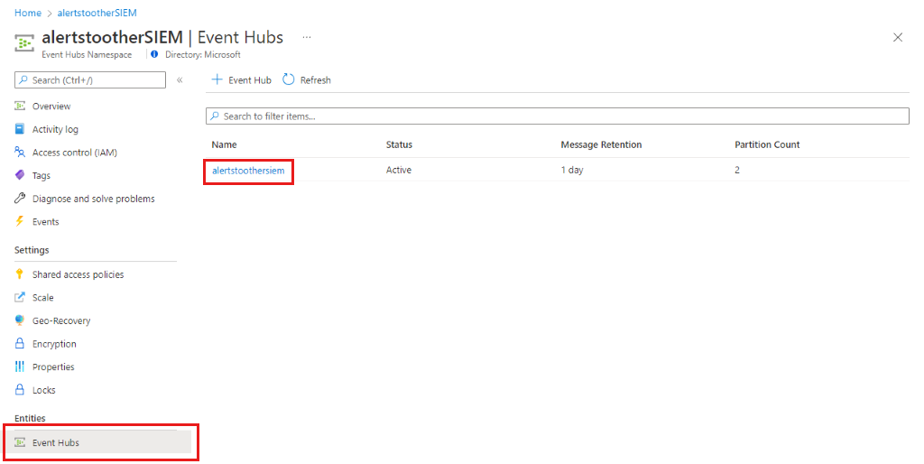 Screenshot of opening the event hub Microsoft Event Hubs.