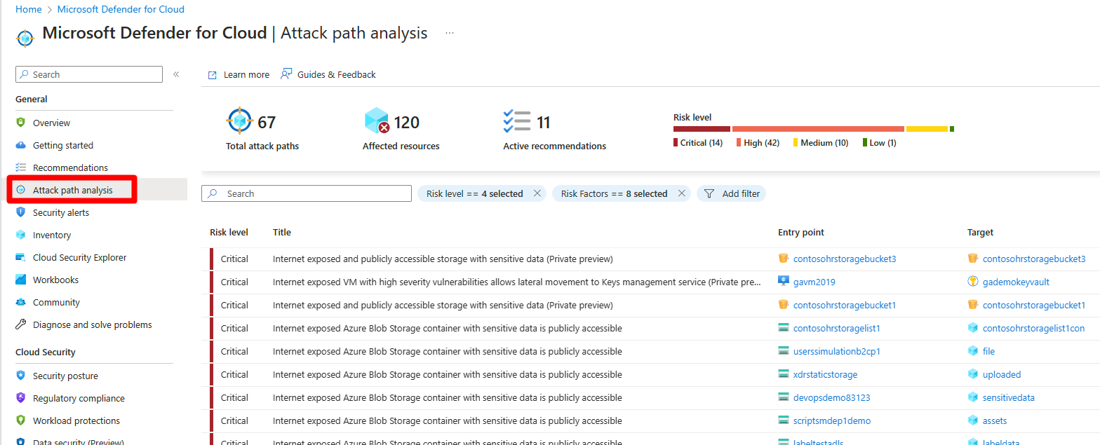 Screenshot that shows the attack path analysis blade on the main screen.