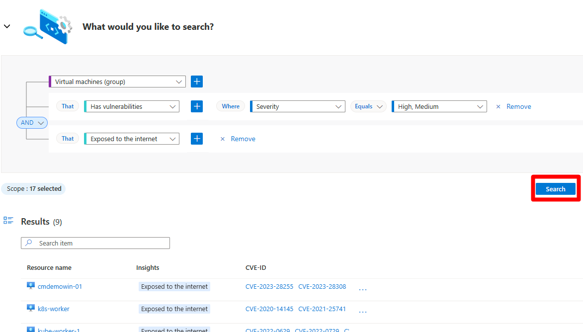 Screenshot that shows where to select search to run the query and results populated.