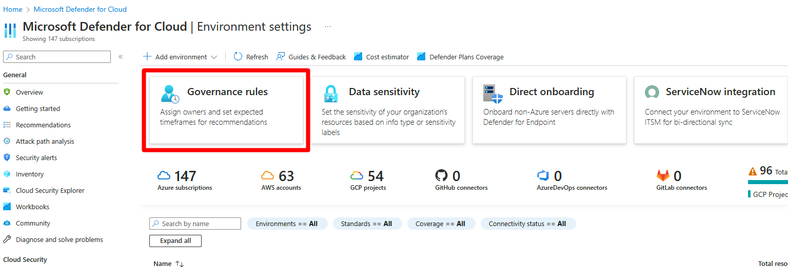 Screenshot of the environment settings page that shows where the governance rules button is located.