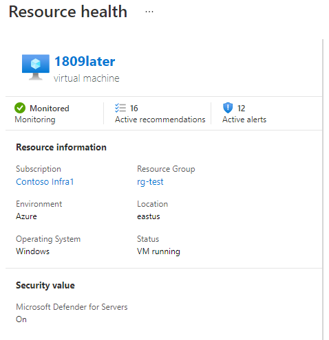 The left pane of Microsoft Defender for Cloud's resource health page shows the subscription, status, and monitoring information about the resource. It also includes the total number of outstanding security recommendations and security alerts.
