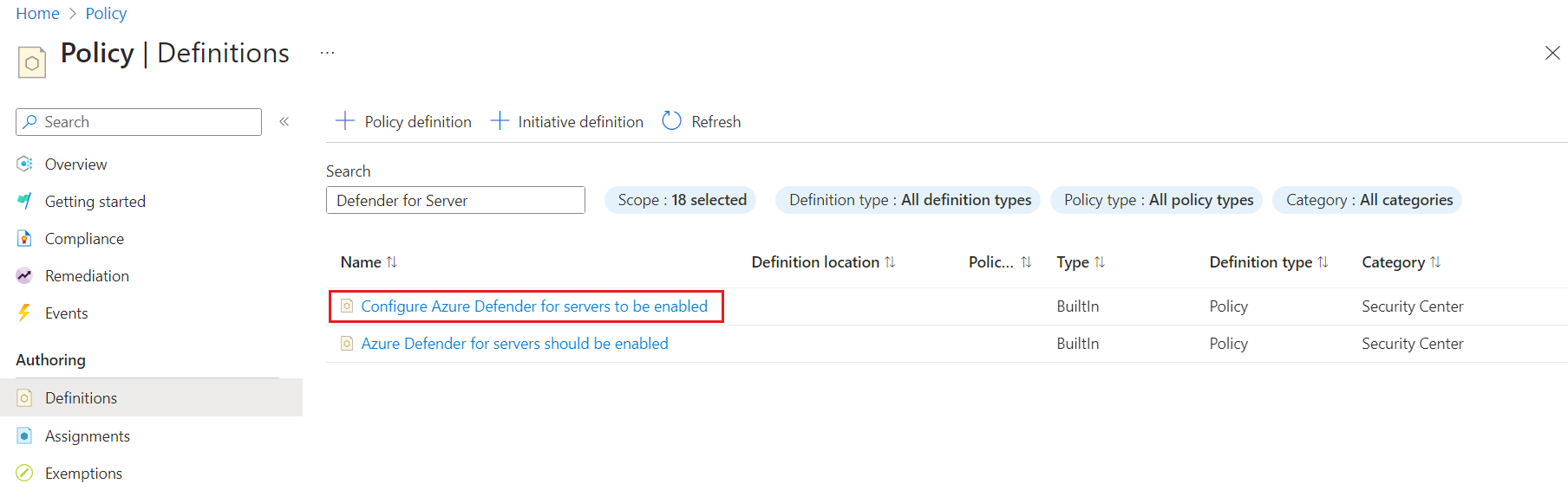 Screenshot that shows the Configure Azure Defender for Servers to be enabled policy definition.