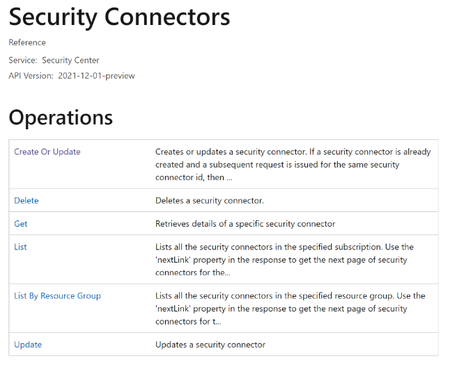 screenshot that shows a table of security connector operations.
