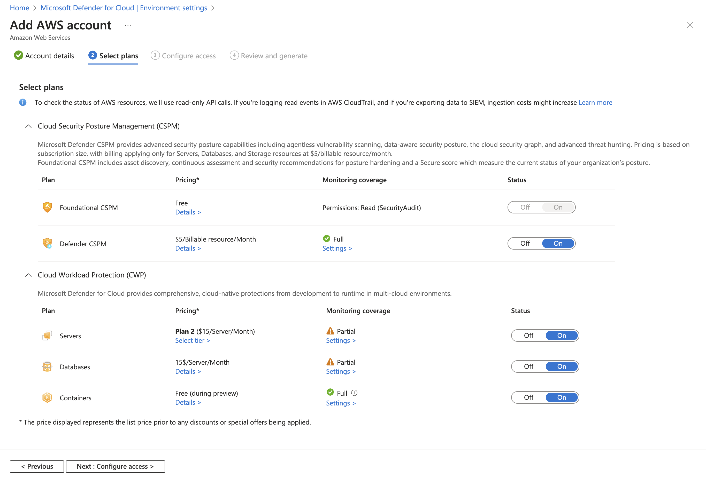 The select plans tab is where you choose which Defender for Cloud capabilities to enable for this AWS account.