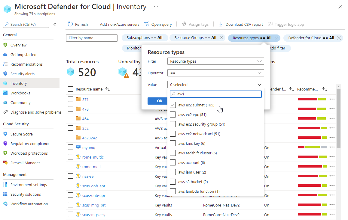 screenshot of the asset inventory page's resource type filter showing the AWS options.