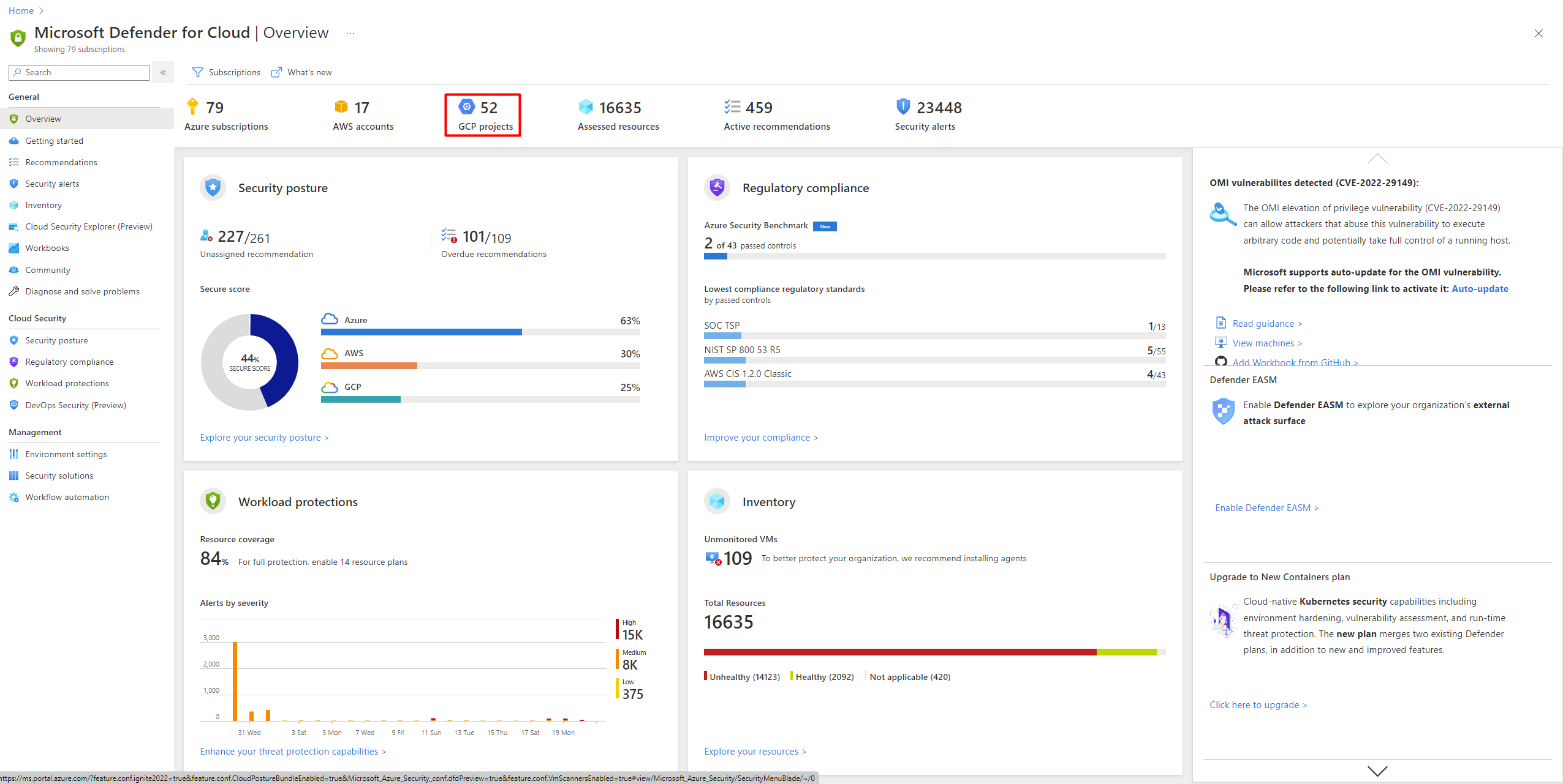 Screenshot that shows GCP projects listed on the overview dashboard in Defender for Cloud.