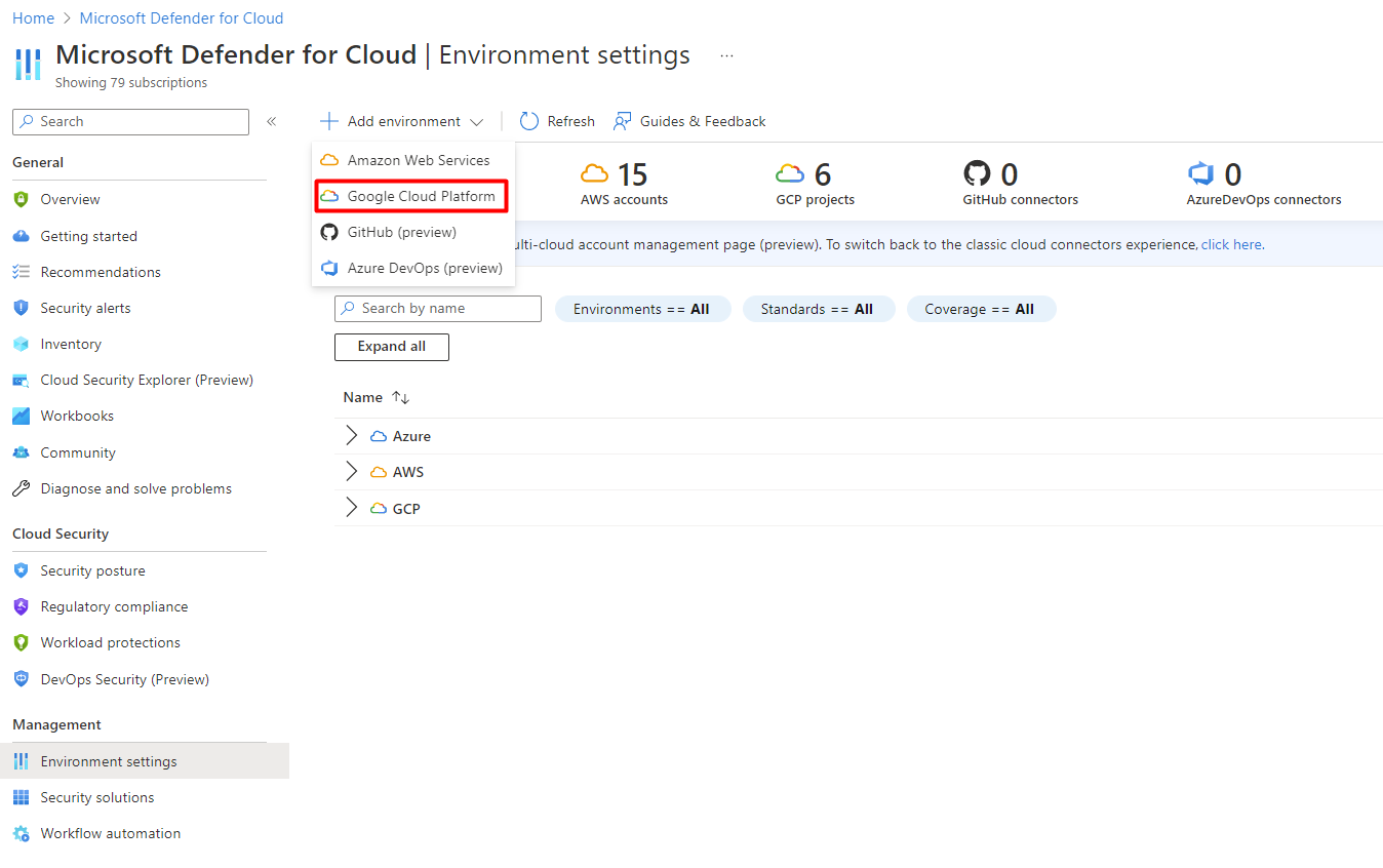 Screenshot that shows selections for adding Google Cloud Platform as a connector.