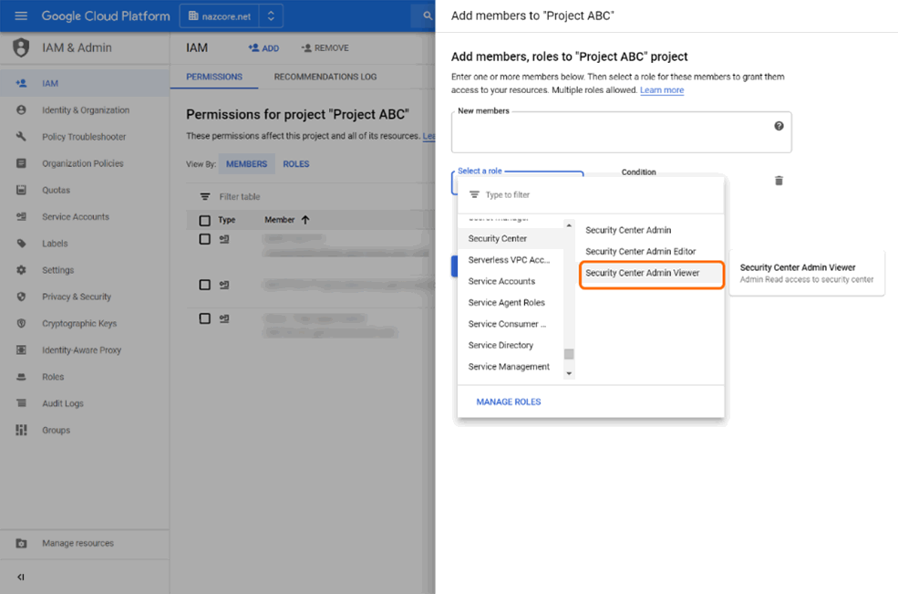 Screenshot that shows how to set the relevant GCP permissions.