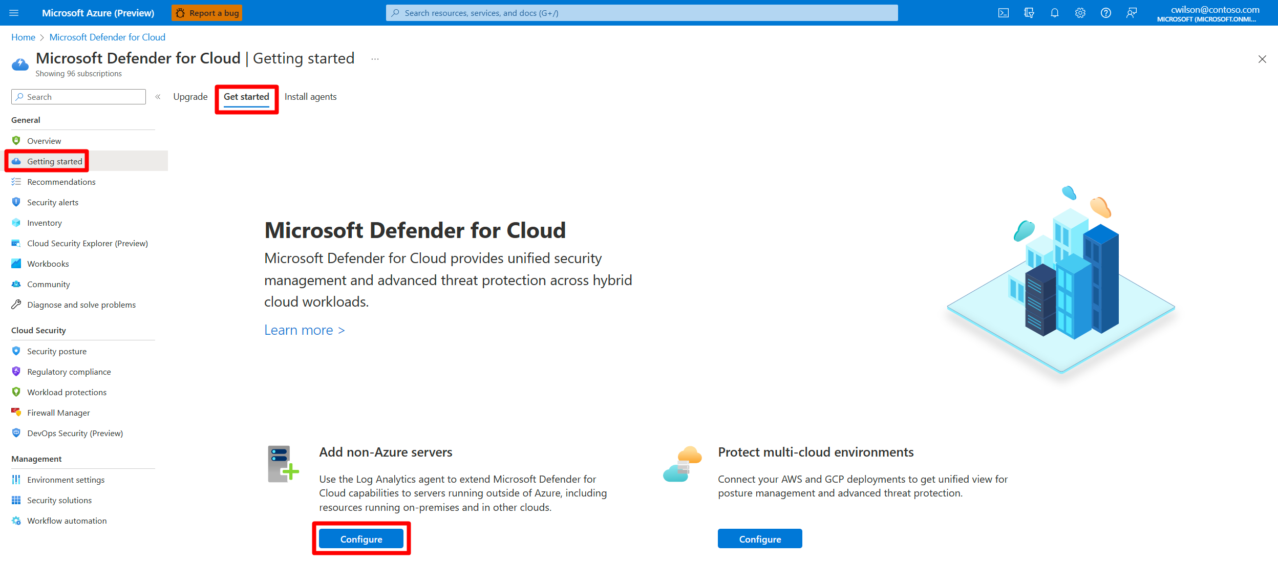 Screenshot of the tab for getting started with Defender for Cloud and adding an on-premises server.