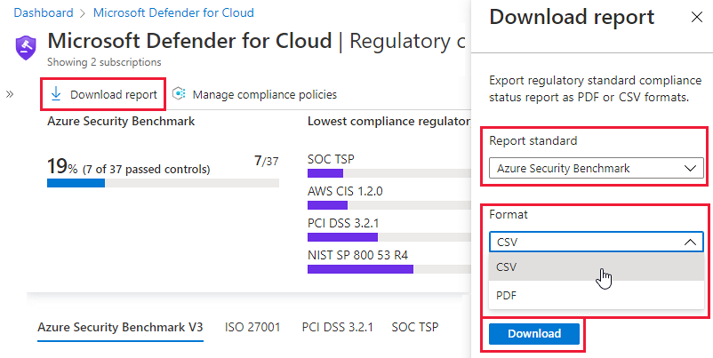 Using the toolbar in Defender for Cloud's regulatory compliance dashboard to download compliance reports.