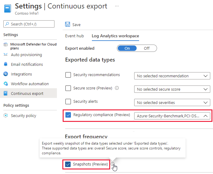 Continuously export a weekly snapshot of regulatory compliance data.