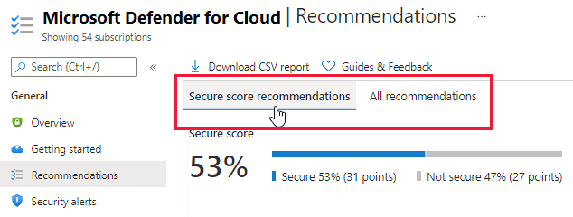 Tabs to change the view of the recommendations list in Azure Security Center.