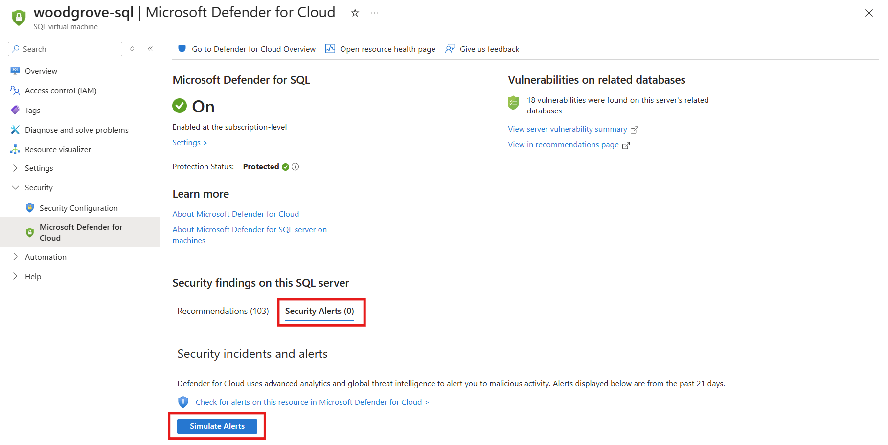 Security Alerts tab with the Simulate Alerts button on a SQL VM. Source: Microsoft Learn, CC BY 4.0.
