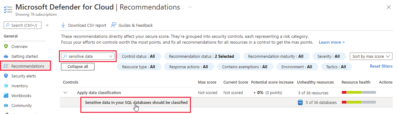Finding the recommendation that provides access to the SQL information protection policies.