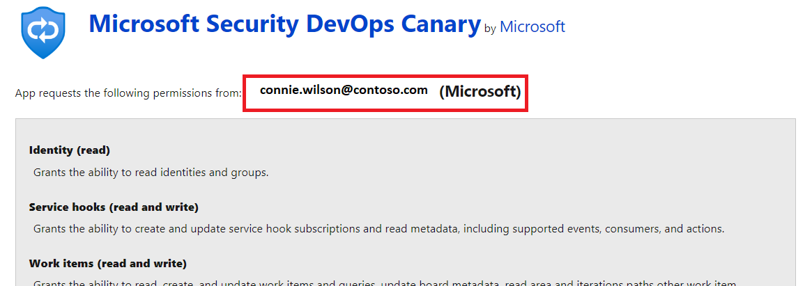 Screenshot of the Azure DevOps organization Consent Page for the Microsoft Security application.