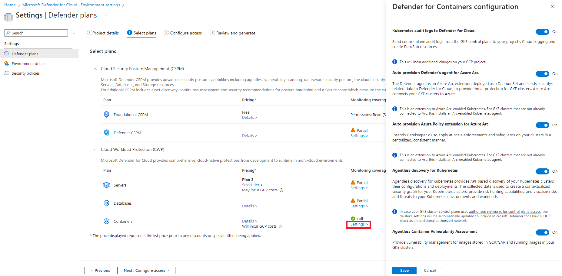 Screenshot of Defender for Cloud's environment settings page showing the settings for the Containers plan.