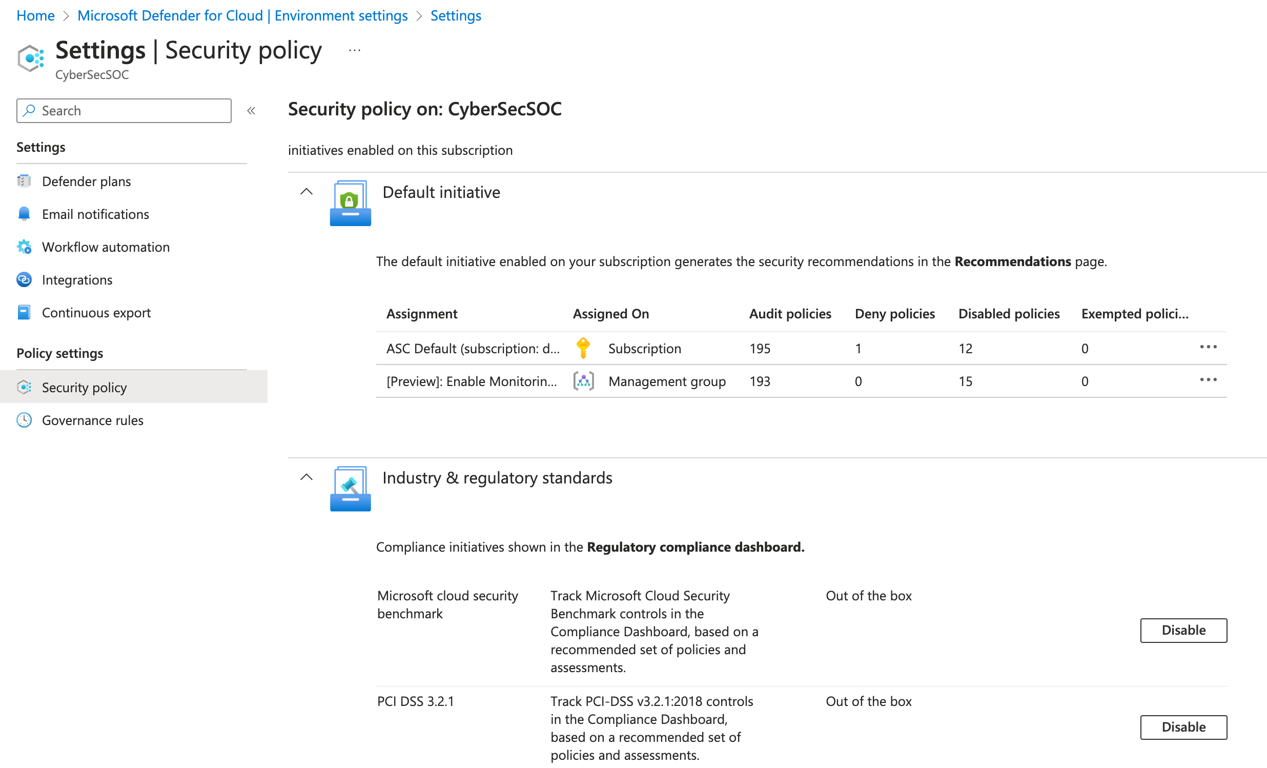 Screenshot showing a subscription's security policy settings page.