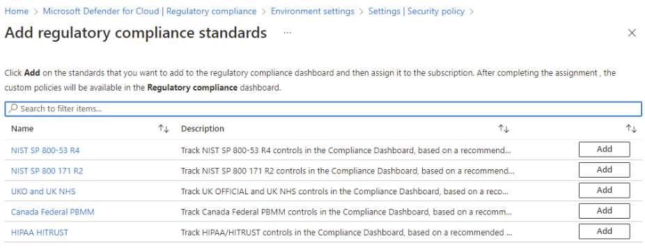 Screenshot showing adding regulatory standards to regulatory compliance dashboard. 