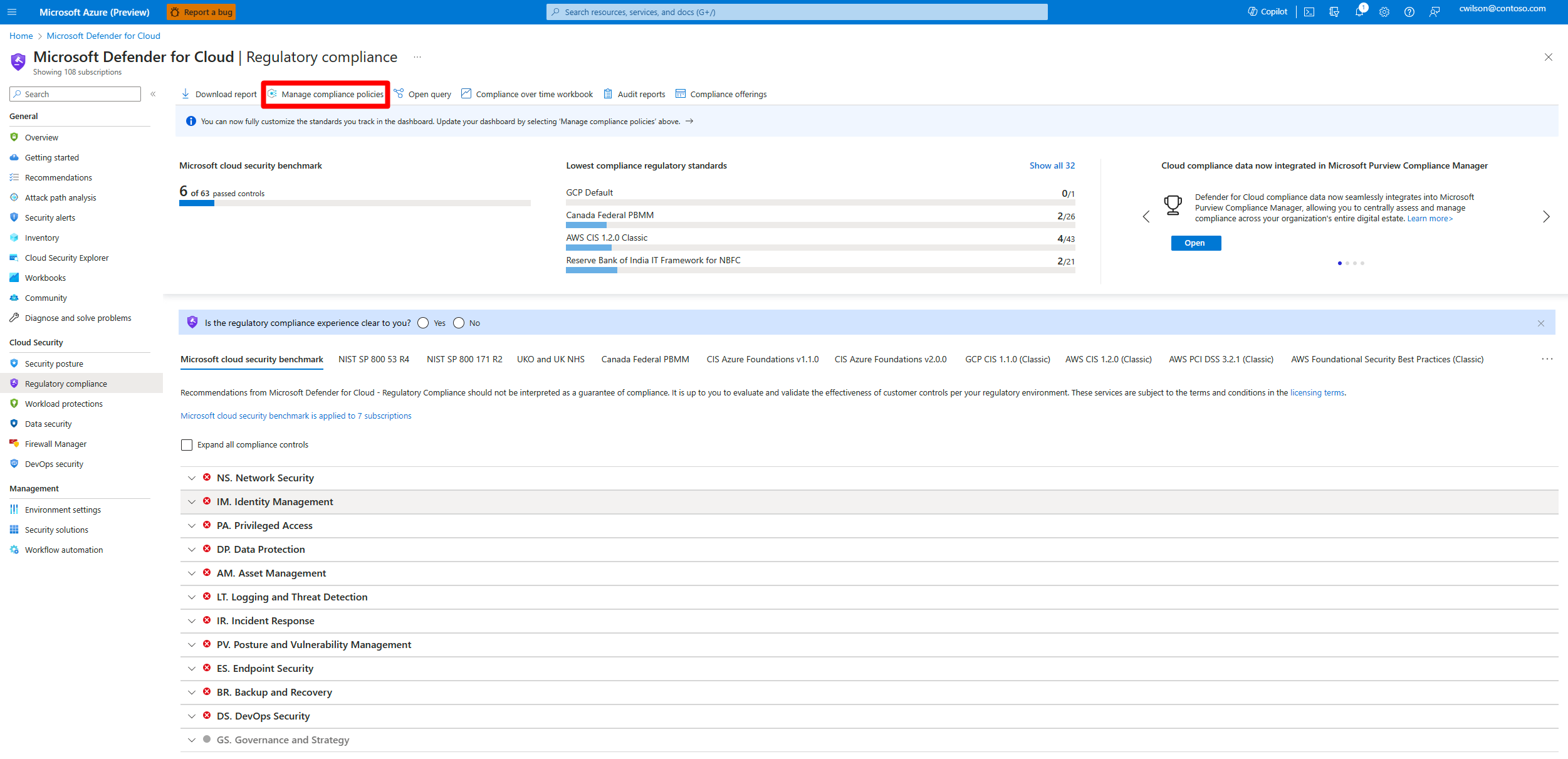 Screenshot of the regulatory compliance page that shows you where to select the manage compliance policy button.