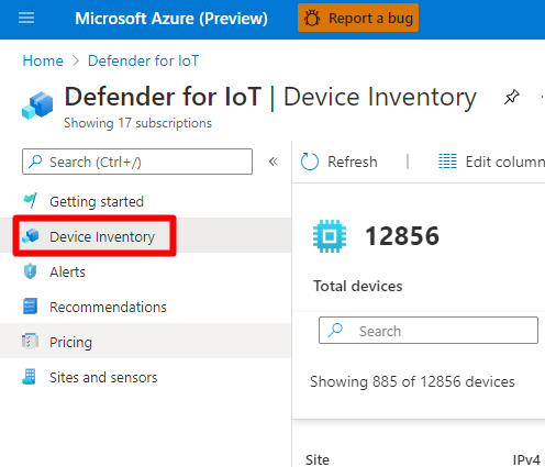 Select device inventory from the left side menu under Defender for IoT.