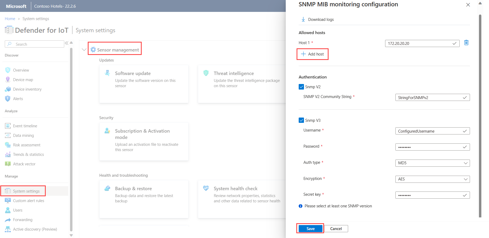 Screenshot of the SNMP MIB monitoring configuration page.