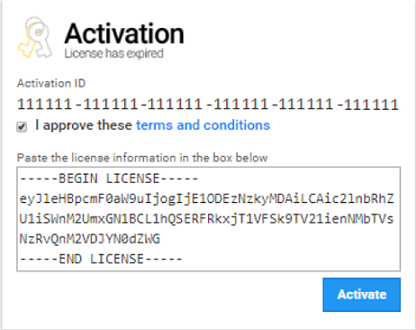 Screenshot of the license activation box and button.
