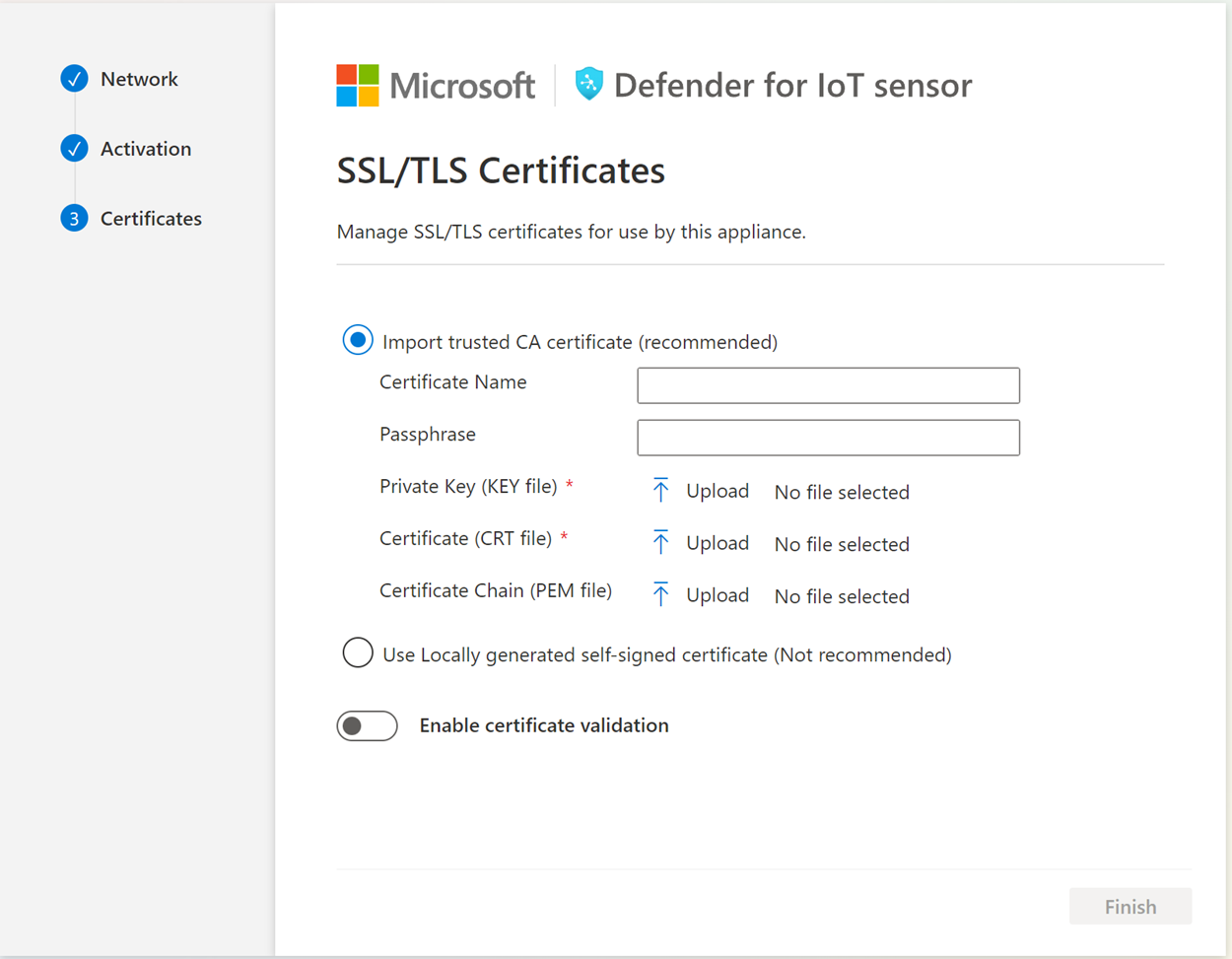 Screenshot of the SSL/TLS Certificates page when signing in to a sensor.