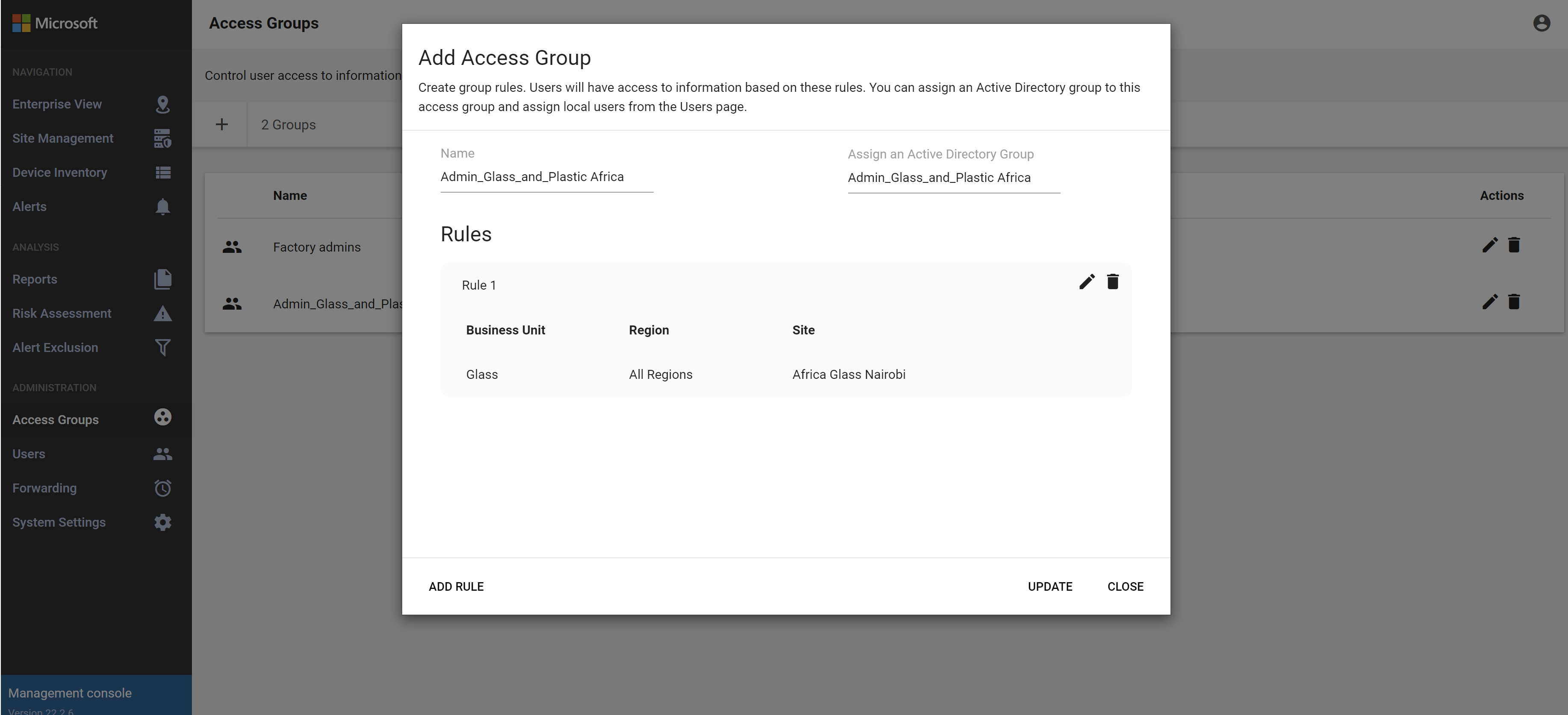 Screenshot of adding an Active Directory group to a Global Access Group.