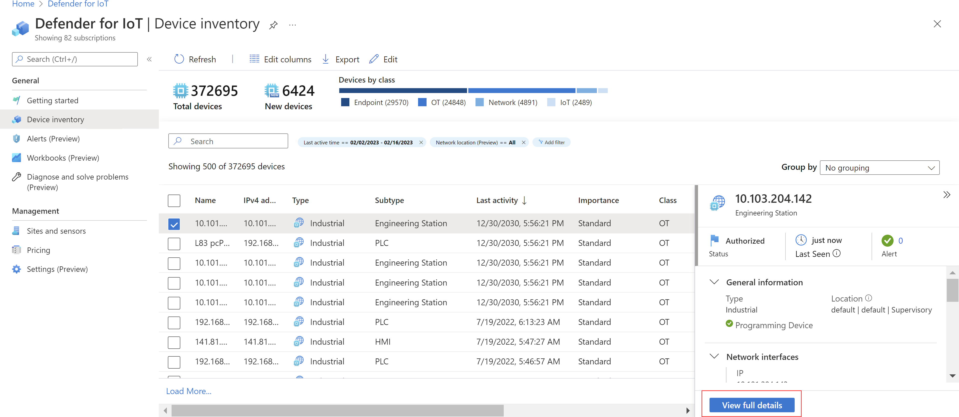 Screenshot of a device details pane and the View full details button in the Azure portal.